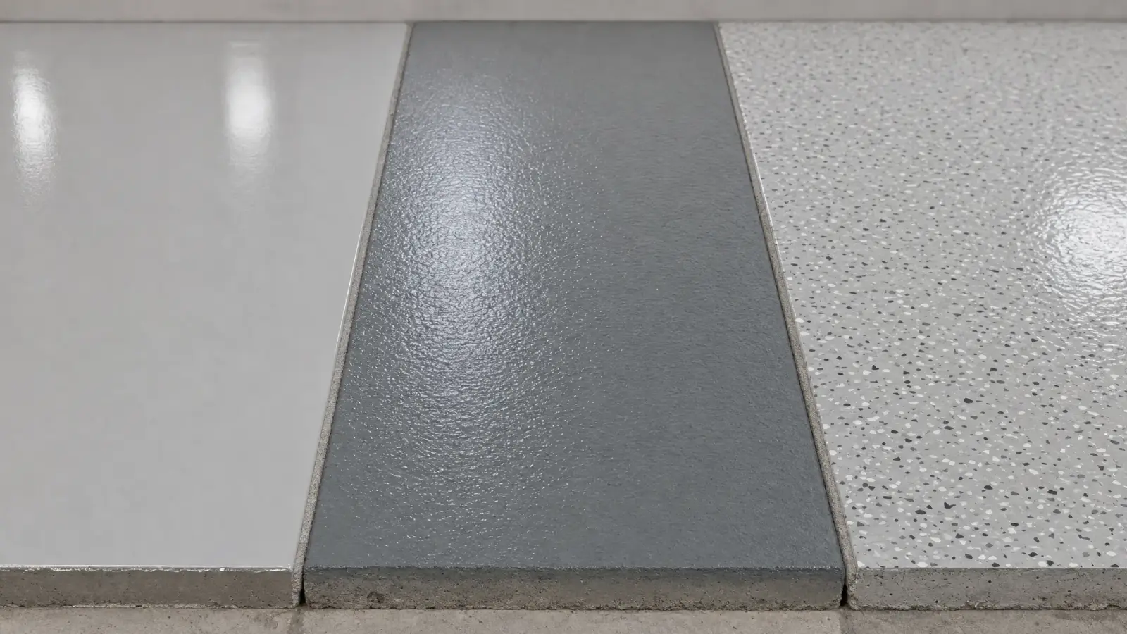 Three rectangular floor panels in a row: the left is smooth and white, the middle is textured and gray, and the right is gray with a speckled pattern. All have a glossy finish.