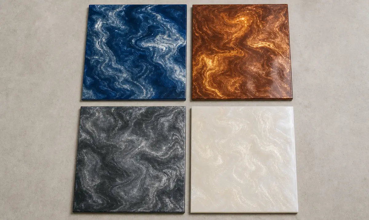 Four metallic epoxy floor color samples showing blue silver, copper bronze, graphite chrome, and pearl white options
