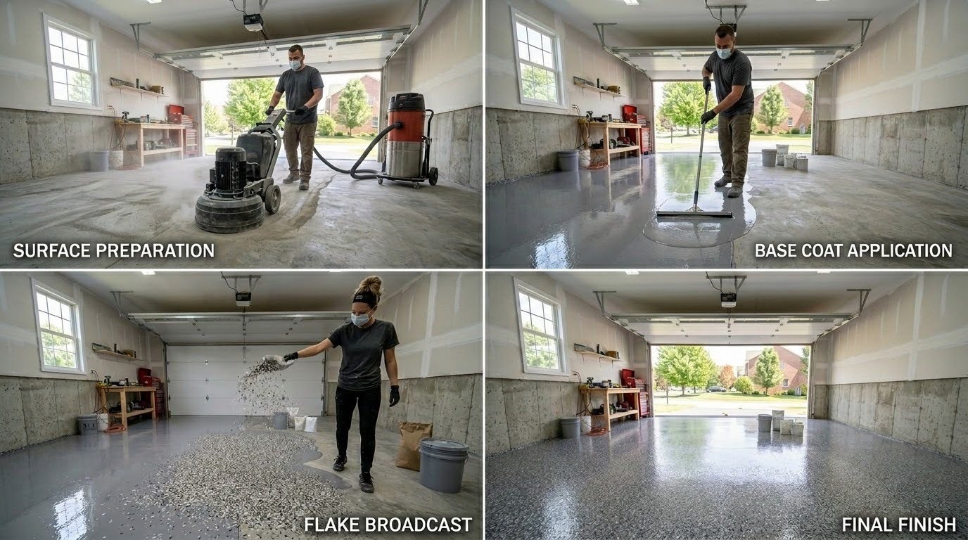 Four-step professional epoxy floor coating installation process: diamond grinding, base coat application, flake broadcast, and polyaspartic topcoat finish