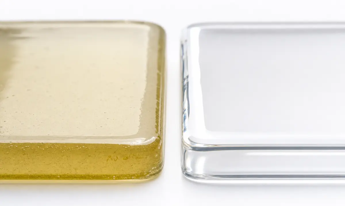 Macro comparison of yellowed standard epoxy coating versus clear UV-stable polyaspartic coating sample