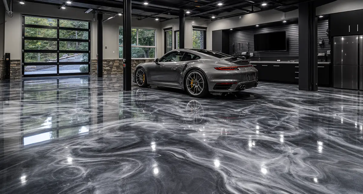 Metallic epoxy garage floor with silver charcoal swirl pattern in a luxury Pittsburgh PA home garage