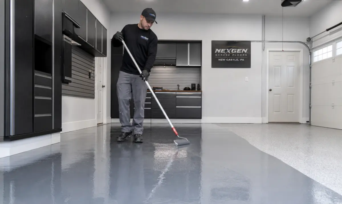 Professional applying UV-stable polyaspartic topcoat over epoxy base coat on a garage floor in New Castle PA