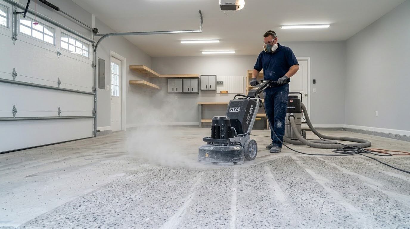 Professional diamond grinding of a garage concrete floor before epoxy coating installation, the most important step for long-lasting epoxy floor lifespan