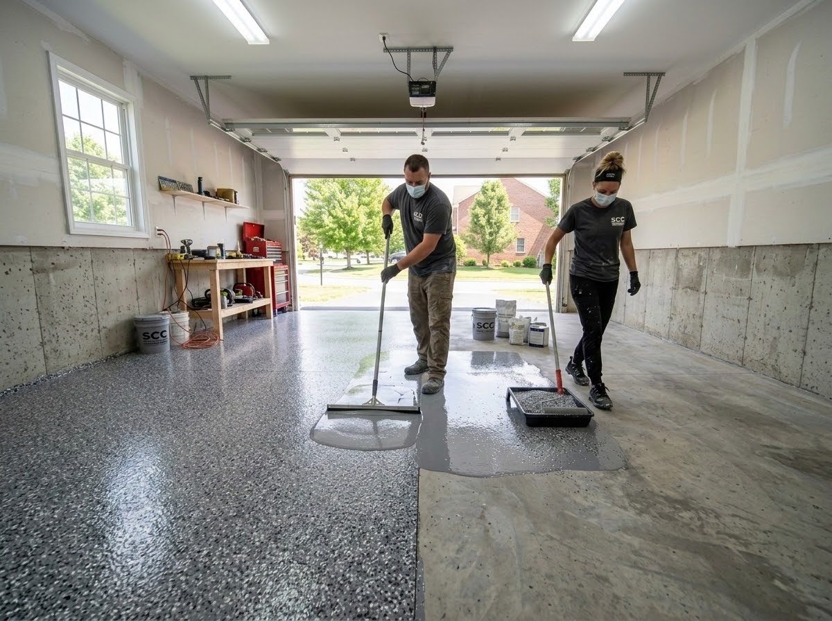 Professional epoxy floor coating crew applying 100% solids epoxy to a two-car garage floor in Pennsylvania, showing cost-effective professional installation