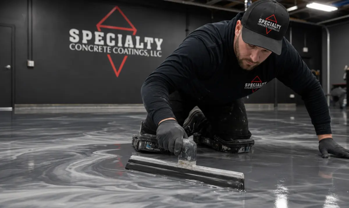 Professional installer creating swirl pattern in metallic epoxy floor in Pittsburgh PA garage