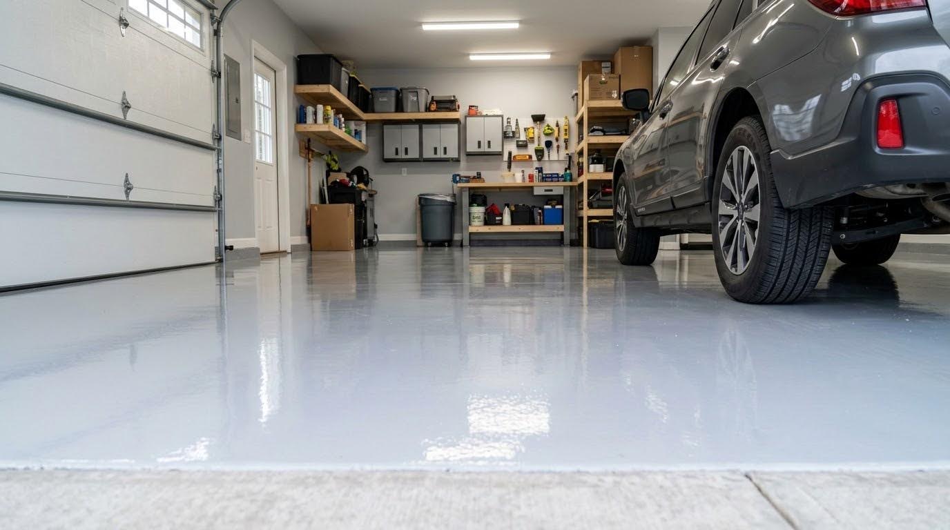 Professionally installed epoxy garage floor coating in a Pennsylvania home, showing high-gloss finish and long-lasting durability