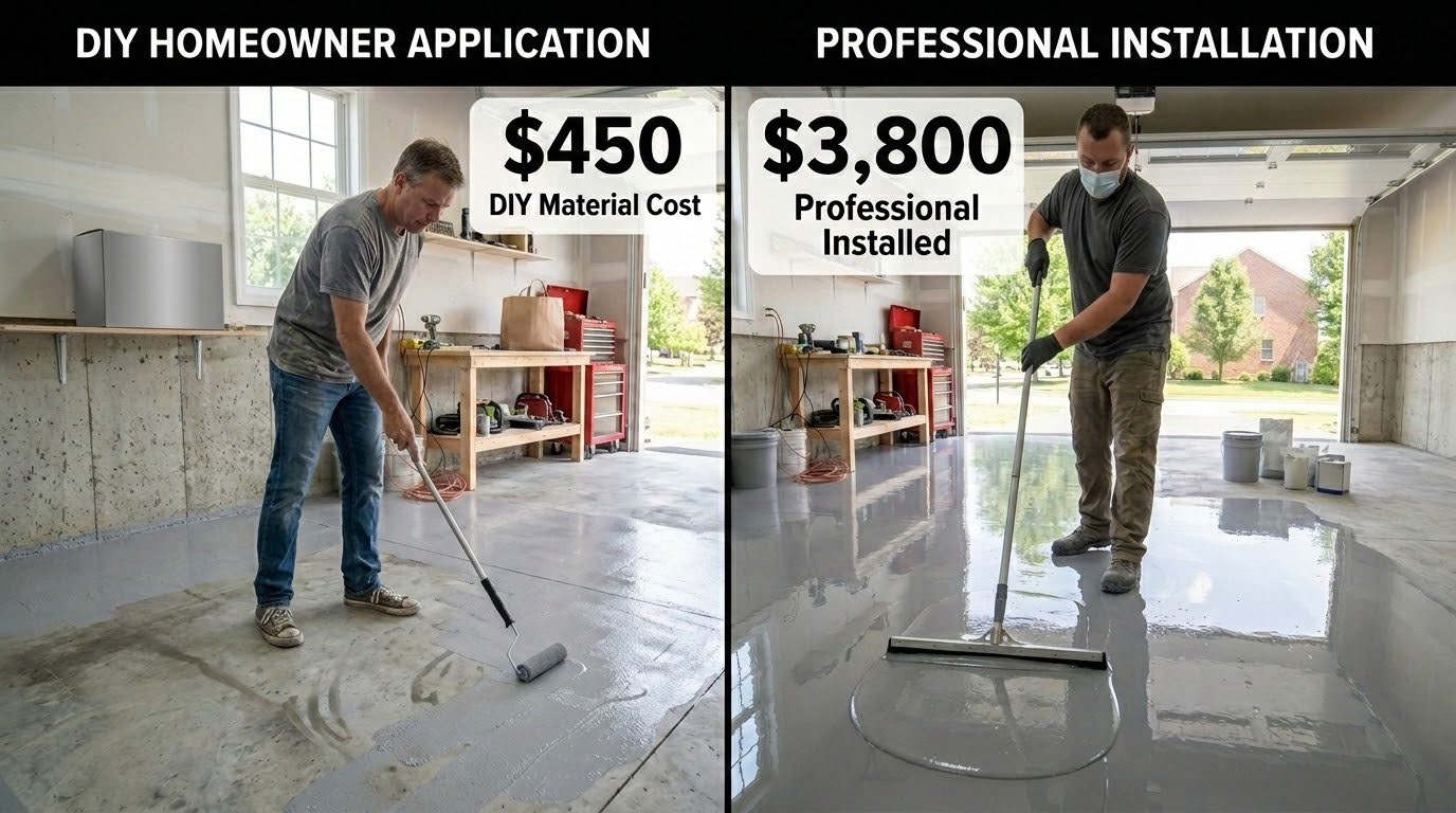 ide-by-side comparison of DIY epoxy kit application versus professional 100% solids epoxy installation, showing true cost difference over time
