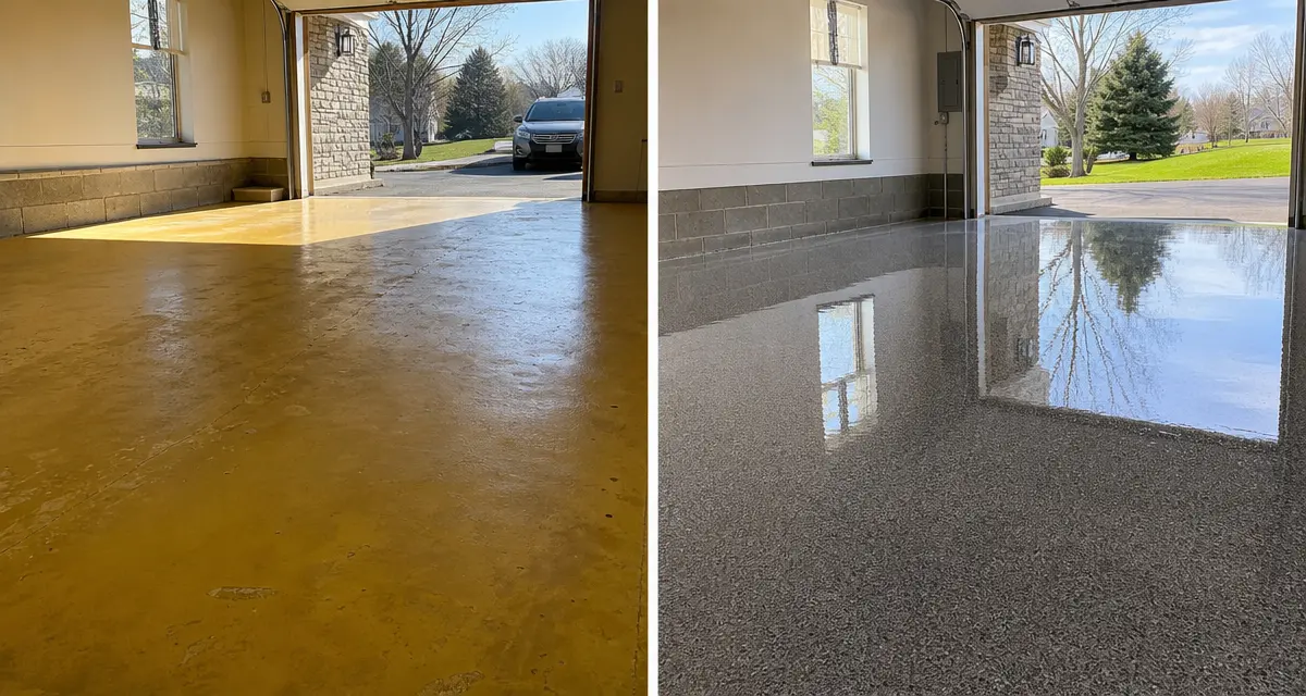 Side-by-side comparison of a yellowed epoxy garage floor versus a UV-stable polyaspartic floor coating in New Castle PA