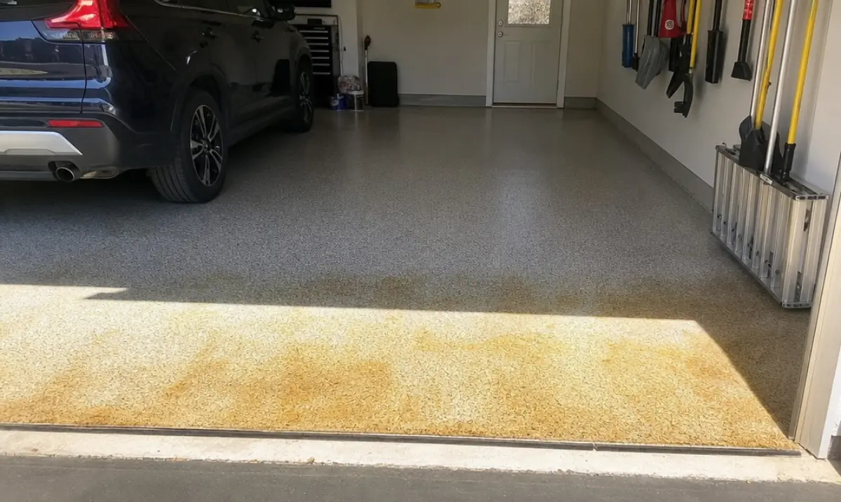 Yellowed epoxy floor near garage door opening showing UV damage in a Pittsburgh PA residential garage