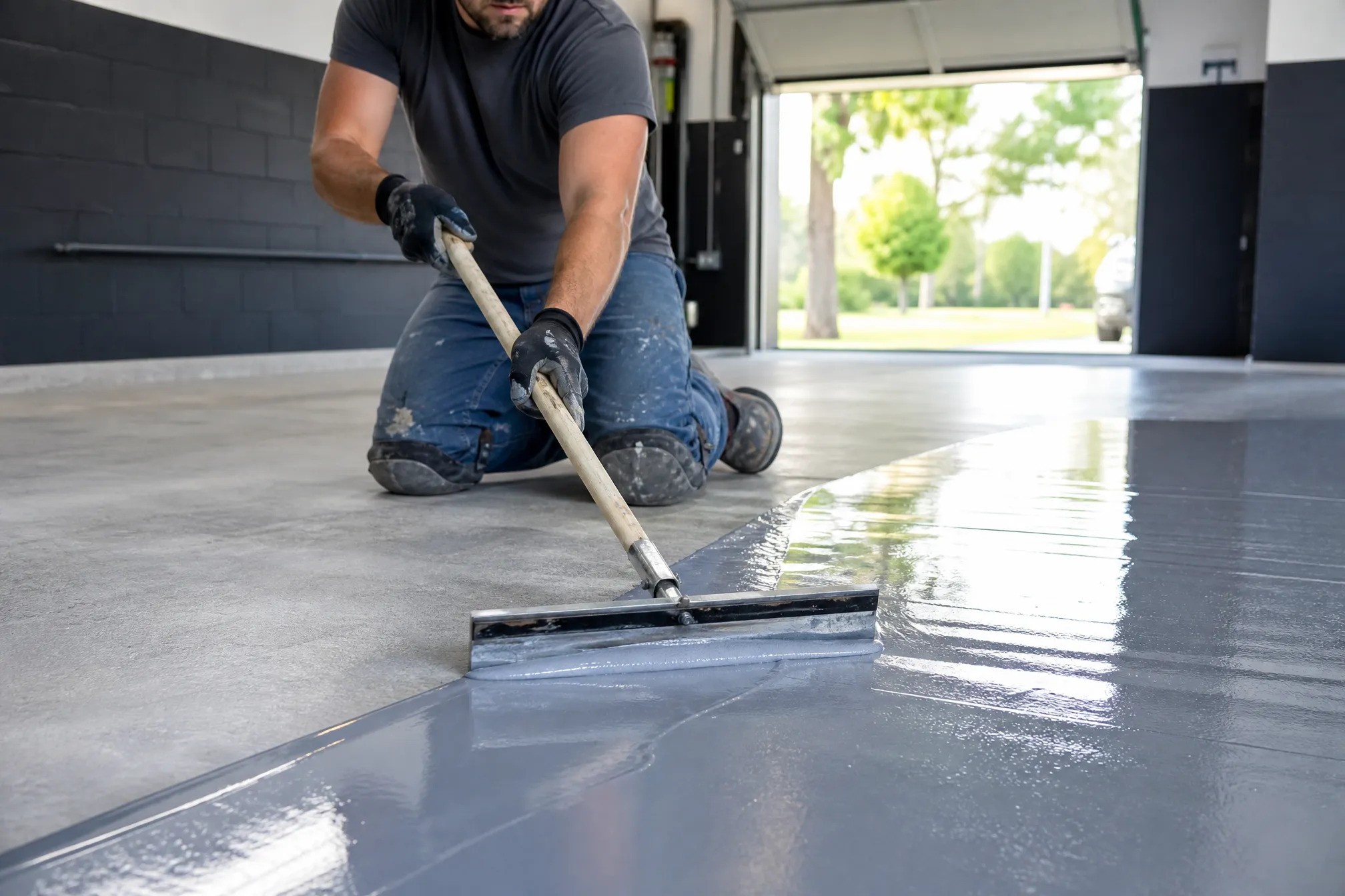 A person kneels on a garage floor while spreading a shiny gray coating across the surface with a large squeegee. The garage door is open, revealing trees and greenery outside.