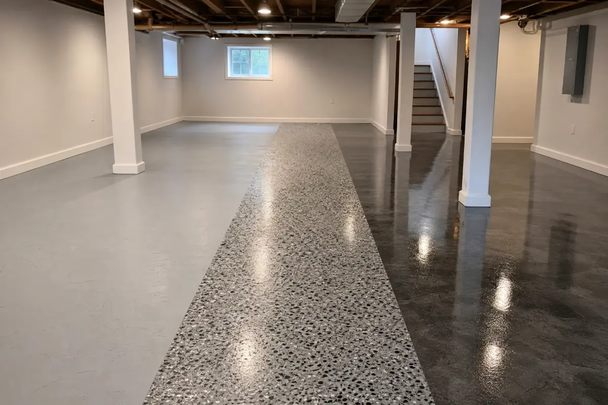 A spacious, finished basement with exposed ceiling beams, white walls, and a polished floor featuring a speckled strip down the center. Stairs and small windows are visible in the background.