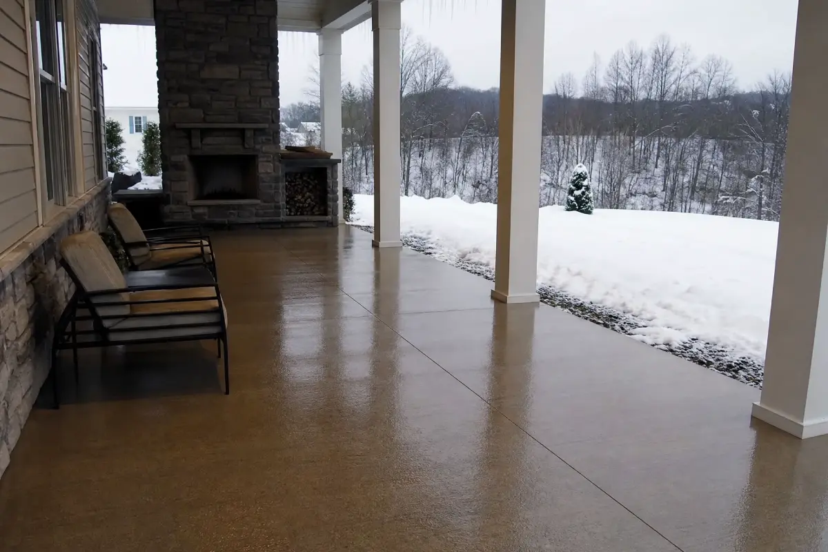 A covered patio with lounge chairs, stone fireplace, and smooth floor overlooks a snowy yard and trees on a cold winter day.