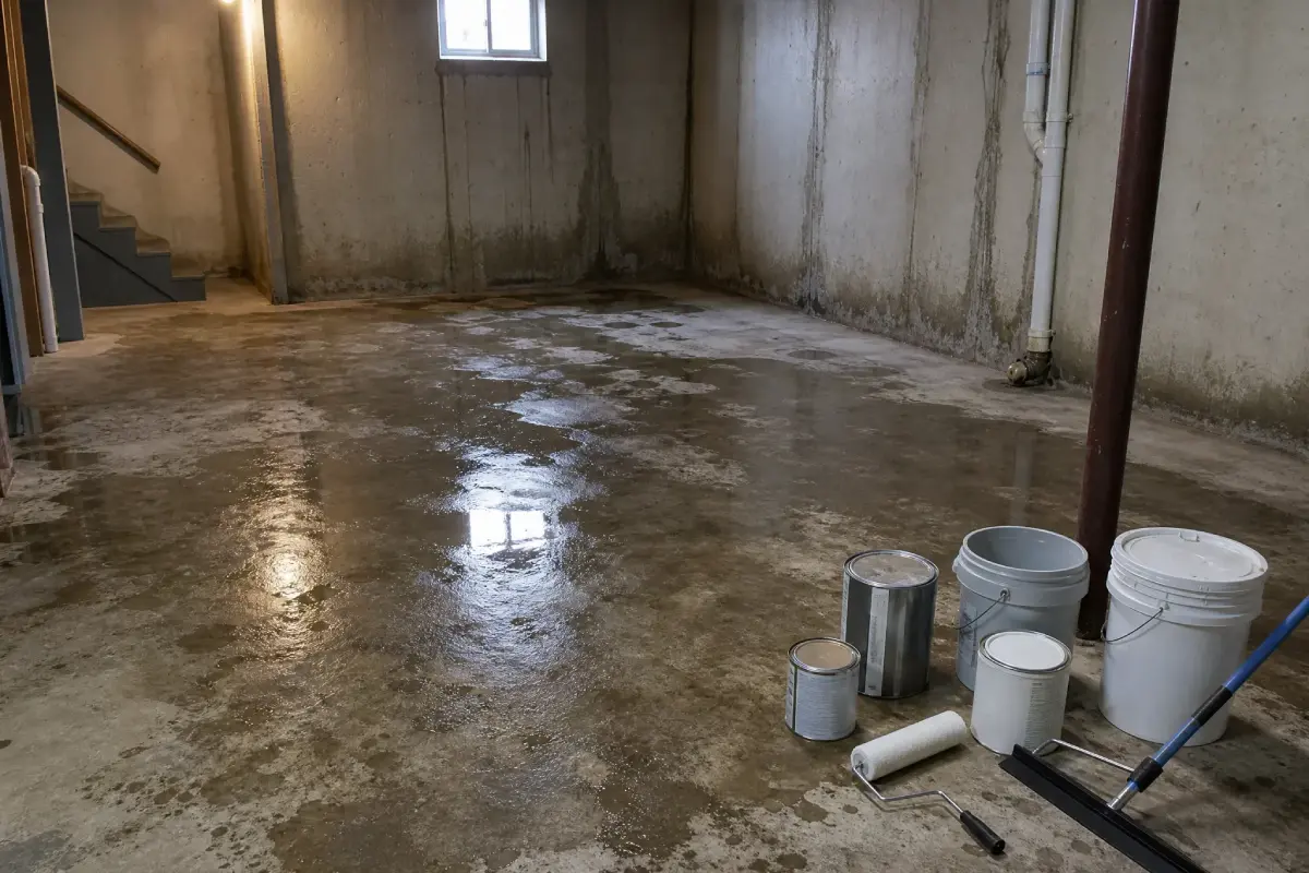 A damp, unfinished basement with water on the concrete floor, peeling paint on the walls, a window, stairs, and several paint buckets and tools in the foreground.