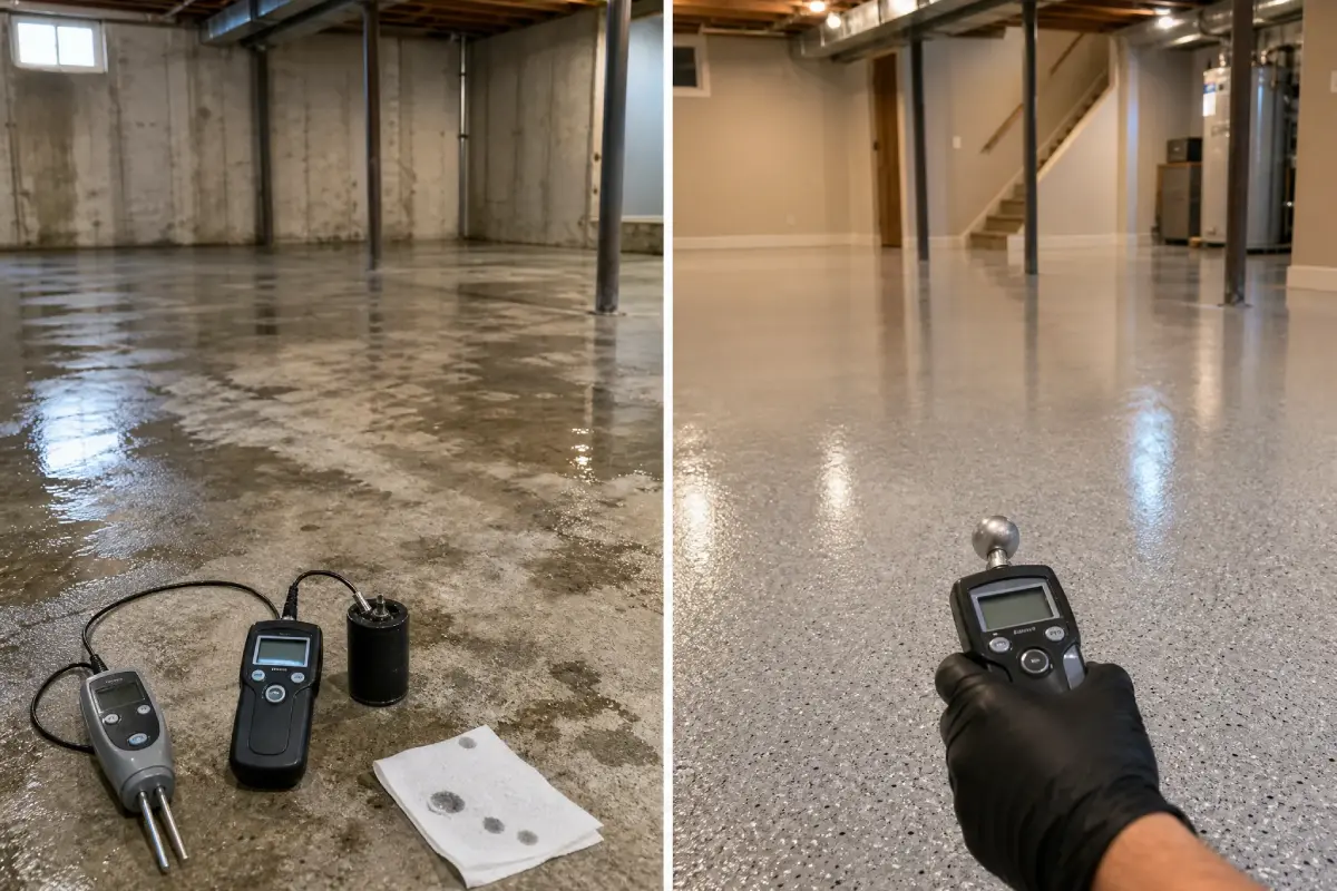 Side-by-side images show a basement floor before (wet, rough, with testing tools) and after (dry, smooth, shiny) epoxy coating installation, with a gloved hand holding a moisture meter.