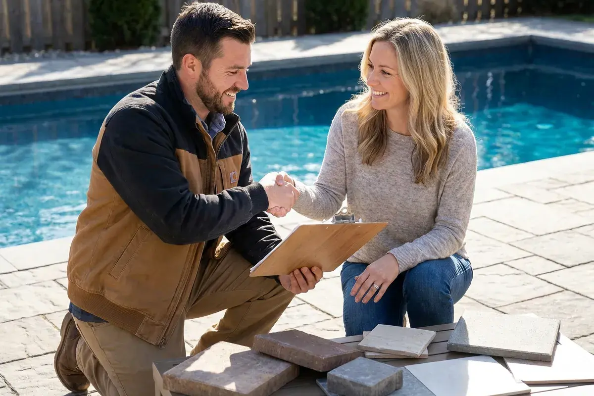 A man and woman smile and shake hands by a pool, sitting on stone tiles and looking at samples and a clipboard, possibly agreeing on a design project.