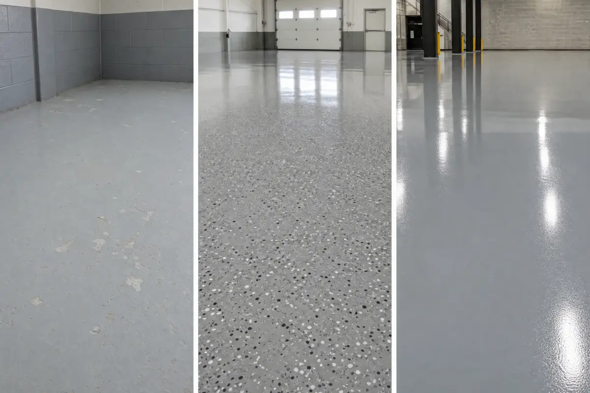 Three panels show garage floors: the left is dull and worn, the center has a polished speckled finish, and the right is a smooth, shiny gray floor in an industrial setting.