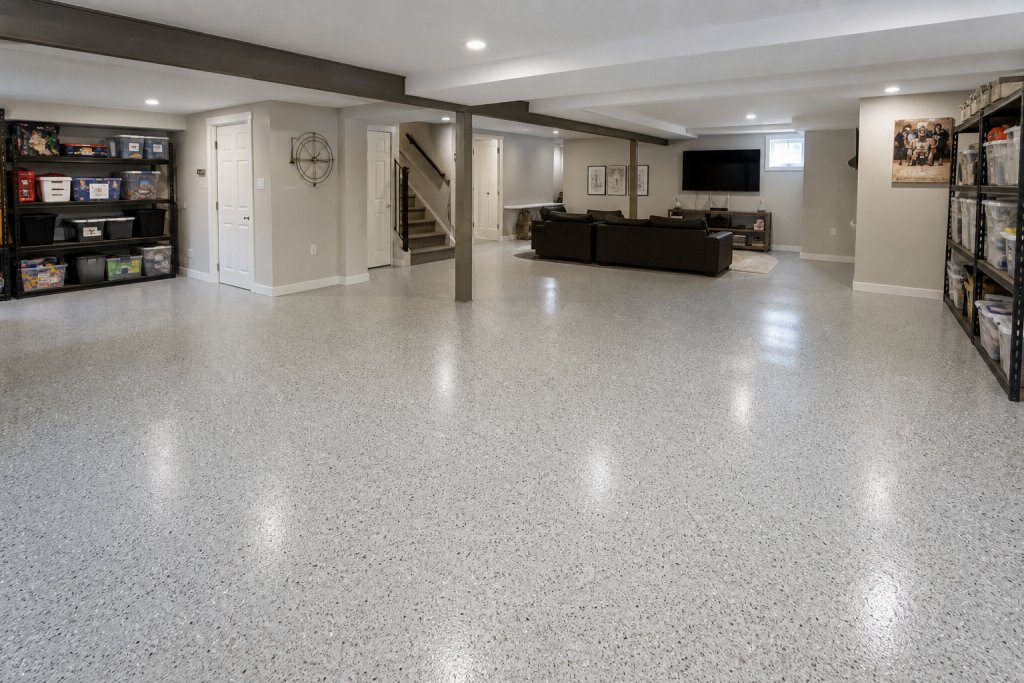 Finished basement with epoxy floor coating in a Pittsburgh Pennsylvania home — gray decorative chip system
