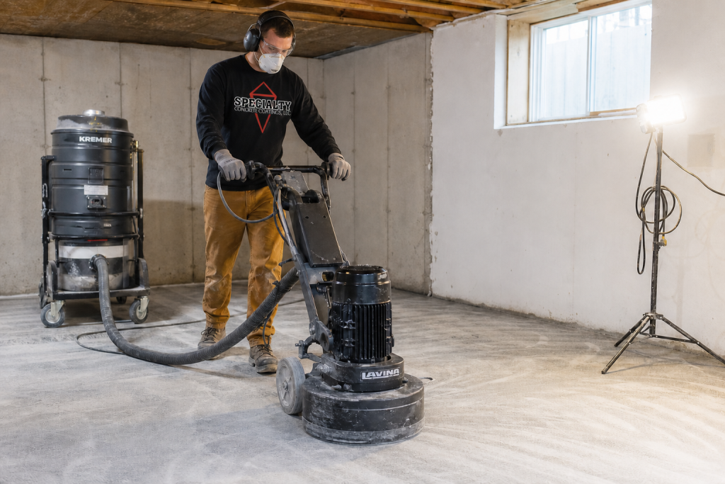 Professional concrete floor grinding during basement epoxy coating installation in Pittsburgh Pennsylvania