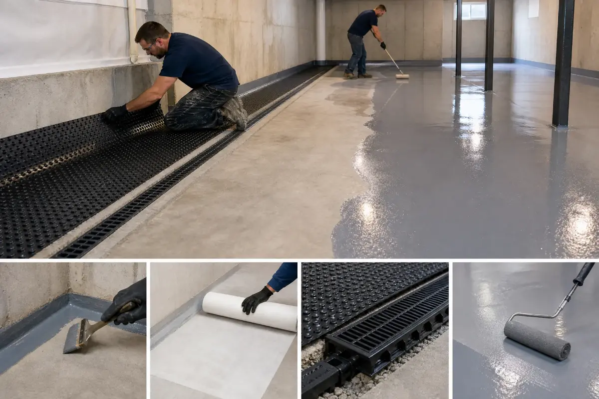 A collage showing workers installing a basement waterproofing system: laying a drainage mat, sealing seams, and rolling on a waterproof coating on concrete floors and walls.