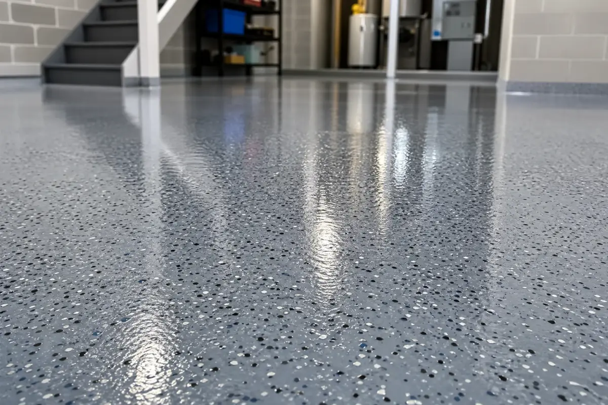 Close-up of a clean, shiny gray epoxy-coated garage floor with black, white, and blue speckles. Shelves, stairs, and equipment are visible in the out-of-focus background.