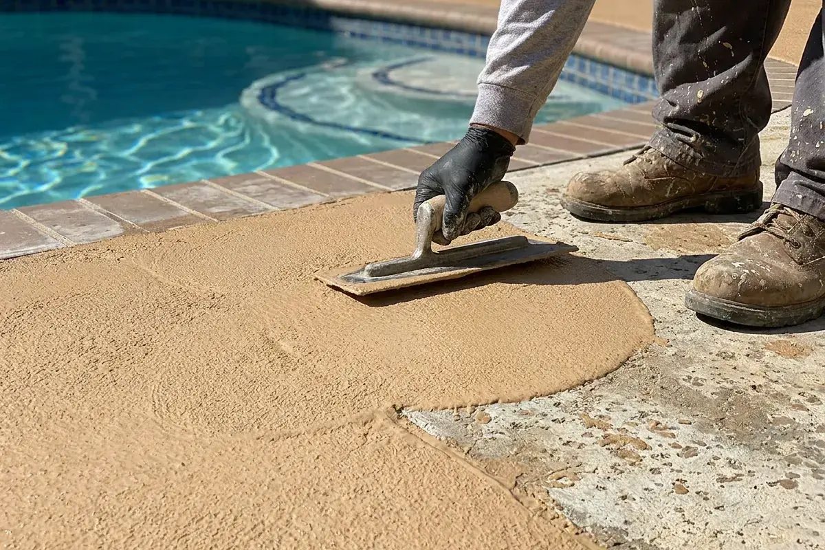A person wearing gloves spreads a tan-colored coating on concrete next to a swimming pool using a trowel.