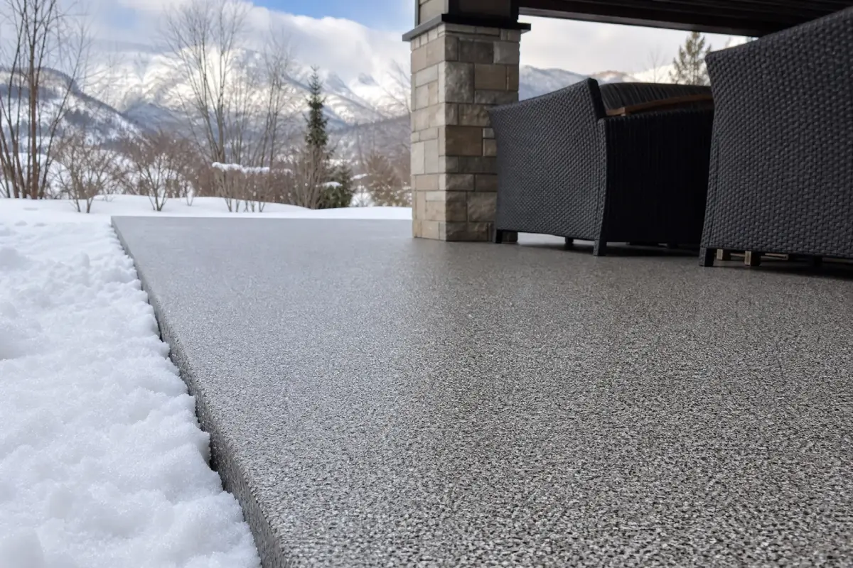 A close-up of a textured patio floor with snow beside it, outdoor wicker furniture on the patio, and snowy mountains and trees visible in the background.