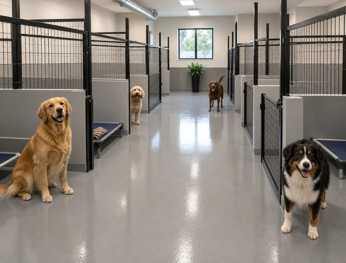 Four dogs are sitting and standing in a clean, modern kennel with individual enclosures, shiny floors, and a window at the end of the room. A green potted plant is placed below the window.