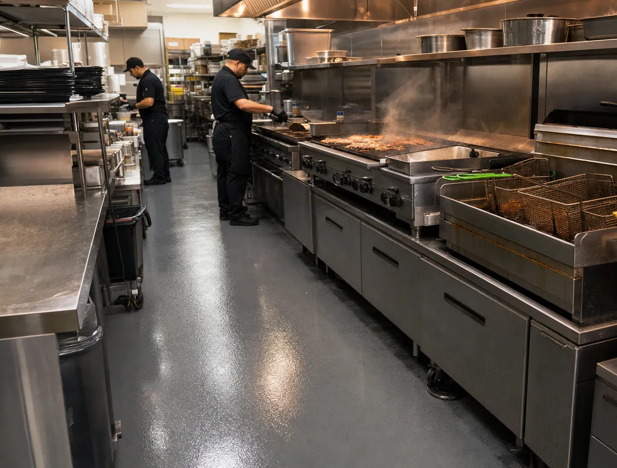 Two chefs in a commercial kitchen work at stoves and grills, cooking food. The kitchen is clean and organized, with stainless steel appliances, fryers, and metal shelves filled with pots and plates.