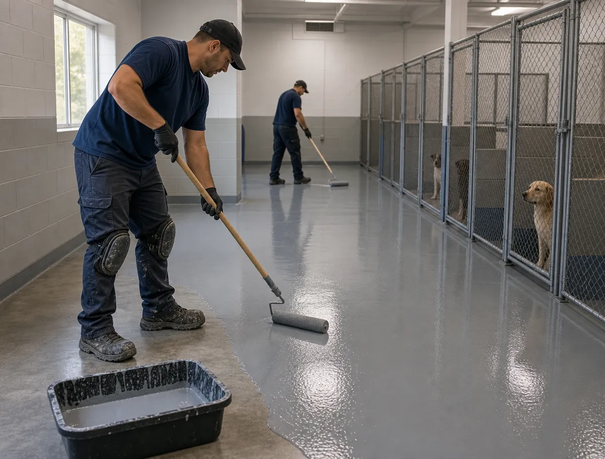 Two workers in a kennel paint the floor with rollers while dogs watch from inside chain-link enclosures. The room is clean and well-lit with white walls and large windows on one side.