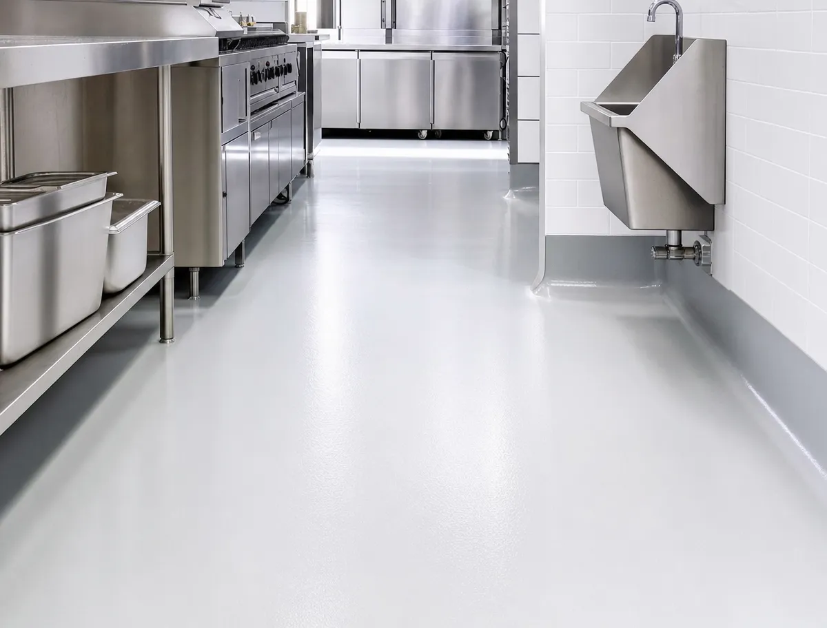 A clean, empty commercial kitchen features stainless steel appliances and counters on the left, and a wall-mounted sink with a faucet on the right. The floor and walls are spotless, reflecting a sanitary environment.