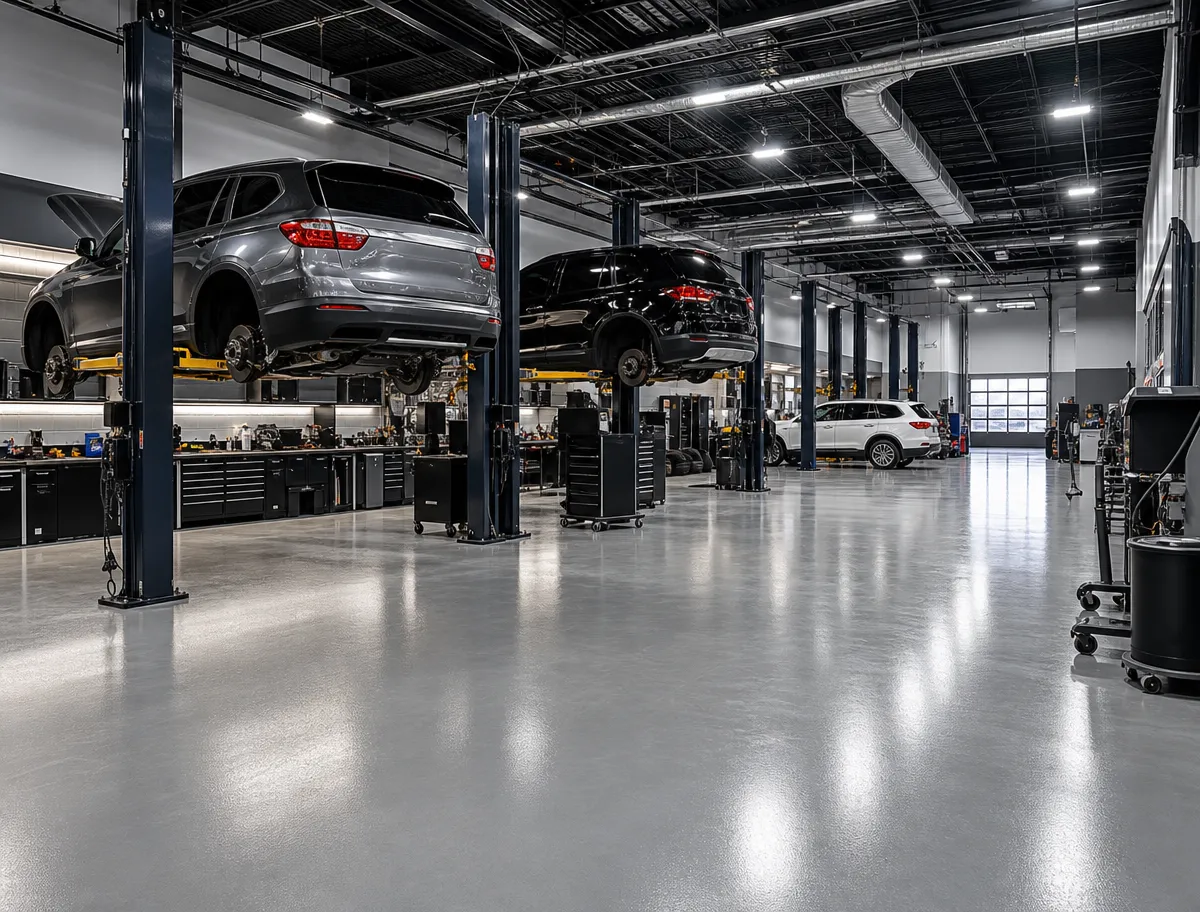 A modern auto repair shop with cars lifted on hydraulic platforms, tool cabinets along the walls, and bright overhead lighting illuminating the clean, spacious garage floor.