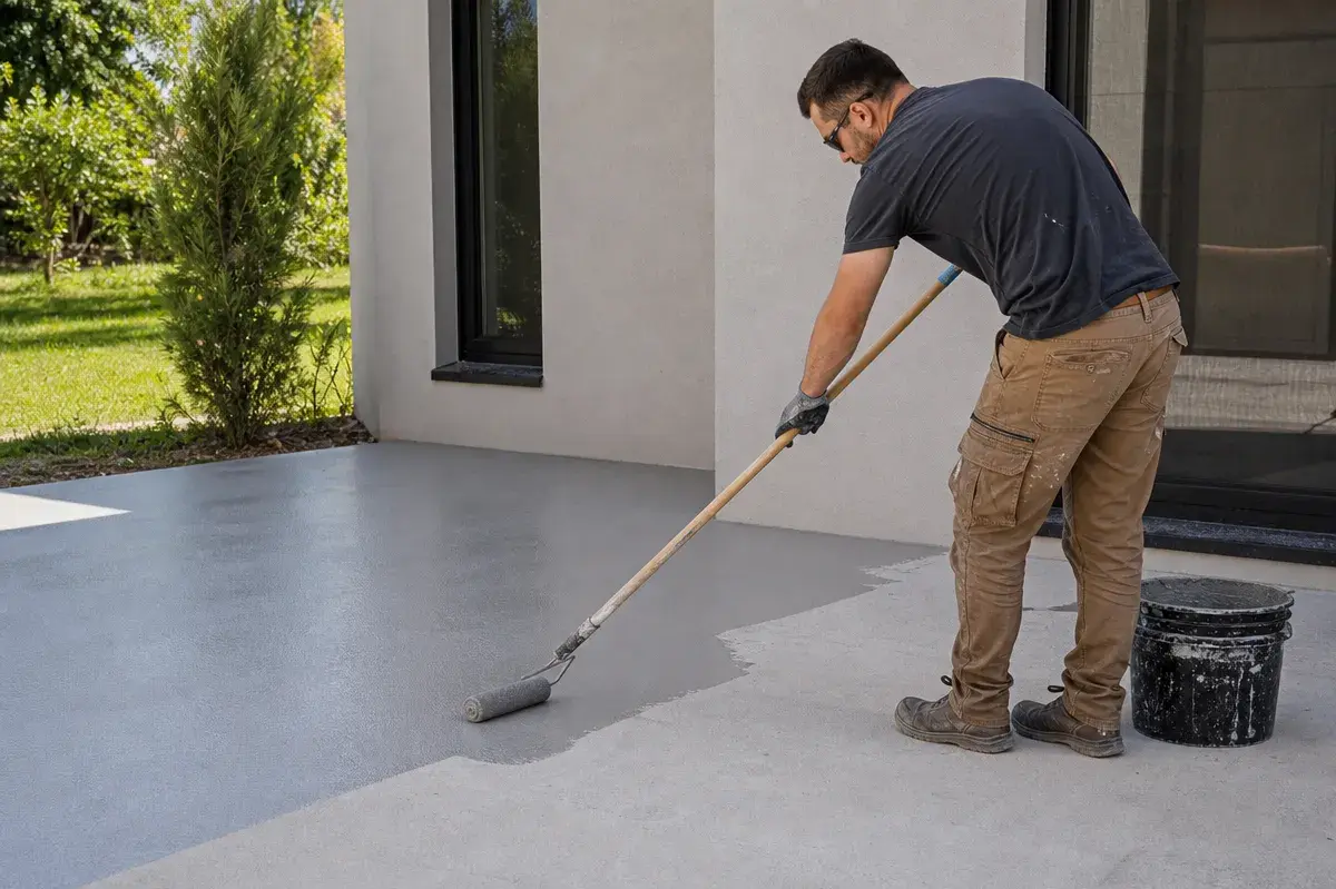A person uses a roller brush to apply gray paint or sealant to a concrete patio outside a modern house. A bucket of paint is nearby, and there is greenery in the background.