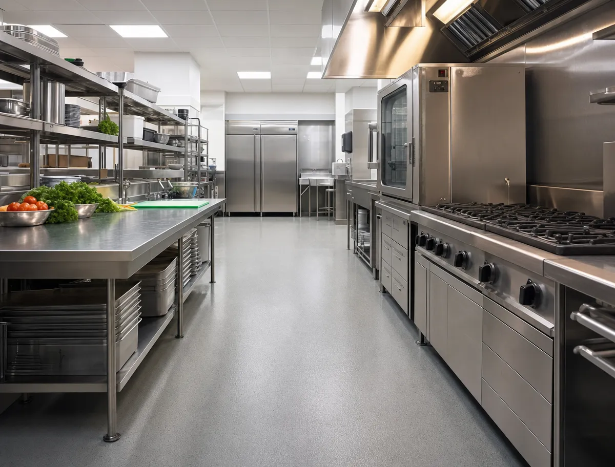 A clean, modern commercial kitchen with stainless steel appliances, countertops, shelves, and cooking equipment. Vegetables and bowls are on the prep table, and a large refrigerator stands at the back.