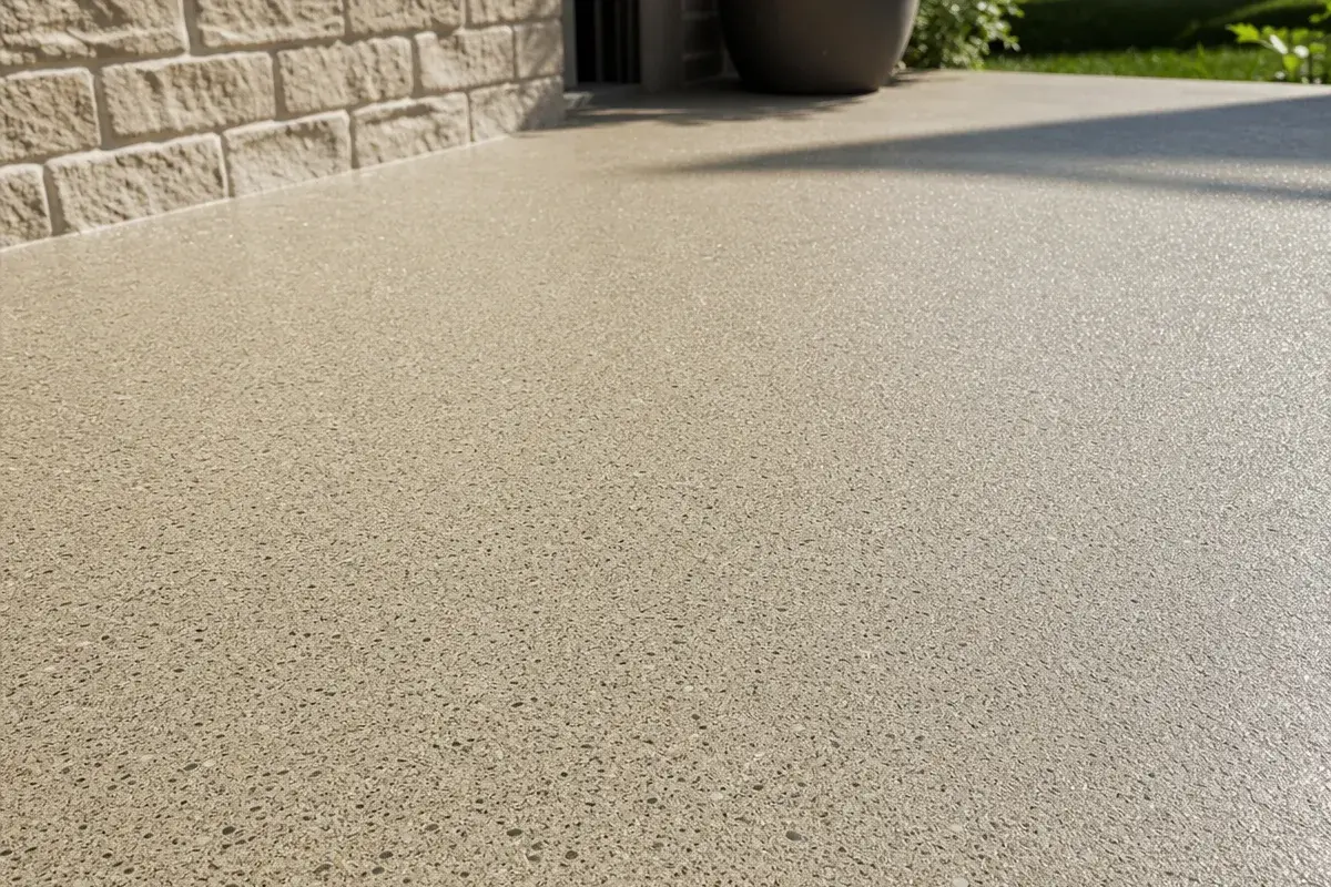 Close-up of a smooth, light gray concrete patio beside a brick wall, with a large planter and greenery visible in the background.