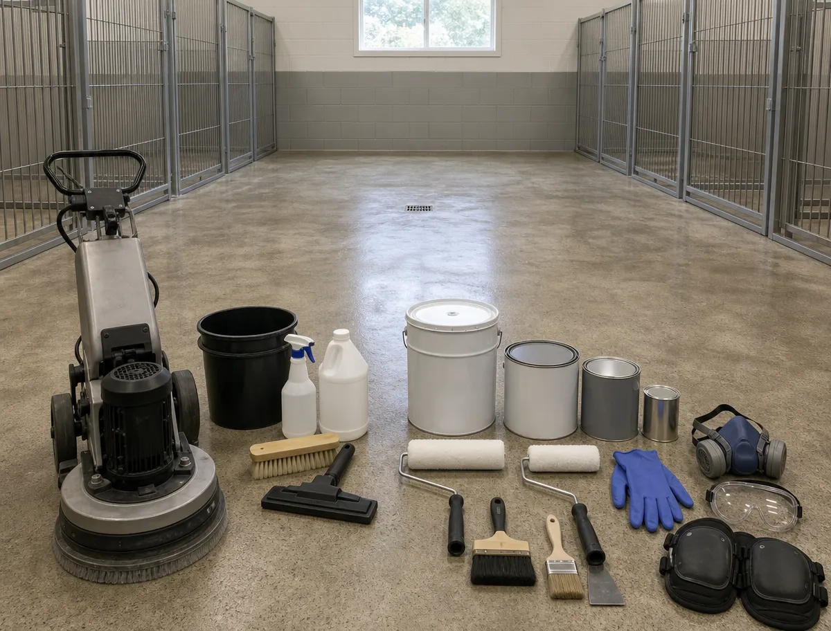 Cleaning and painting supplies, including a floor buffer, buckets, brushes, rollers, paint cans, gloves, a respirator, and safety goggles, are arranged on the floor in an empty, clean kennel room with metal cages.
