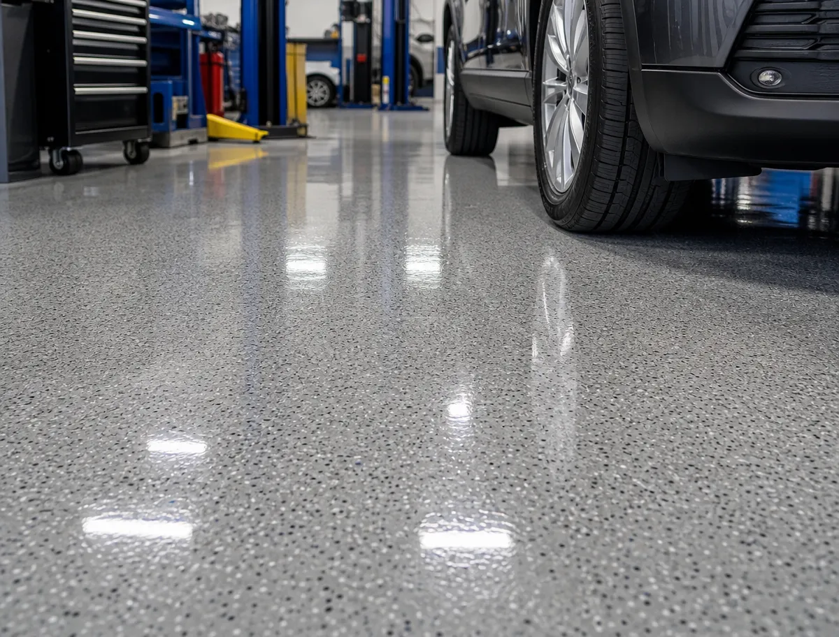 A close-up of a clean, shiny, speckled epoxy garage floor with a parked car, blue vehicle lifts, and tool cabinets visible in the background.