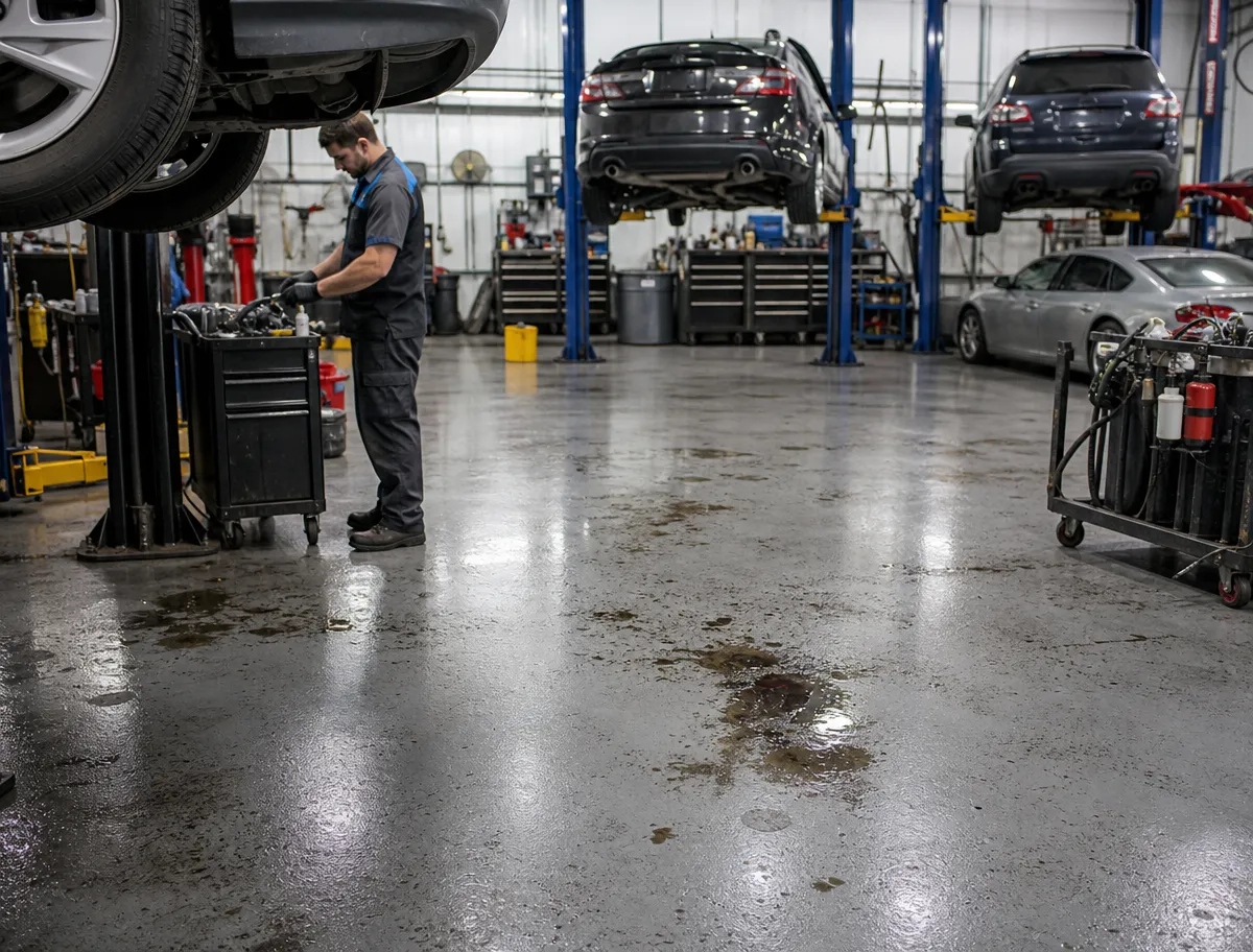 A mechanic works at a tool cart in a spacious auto repair shop with several cars on lifts and another parked nearby. The shop floor is reflective, with visible oil stains.