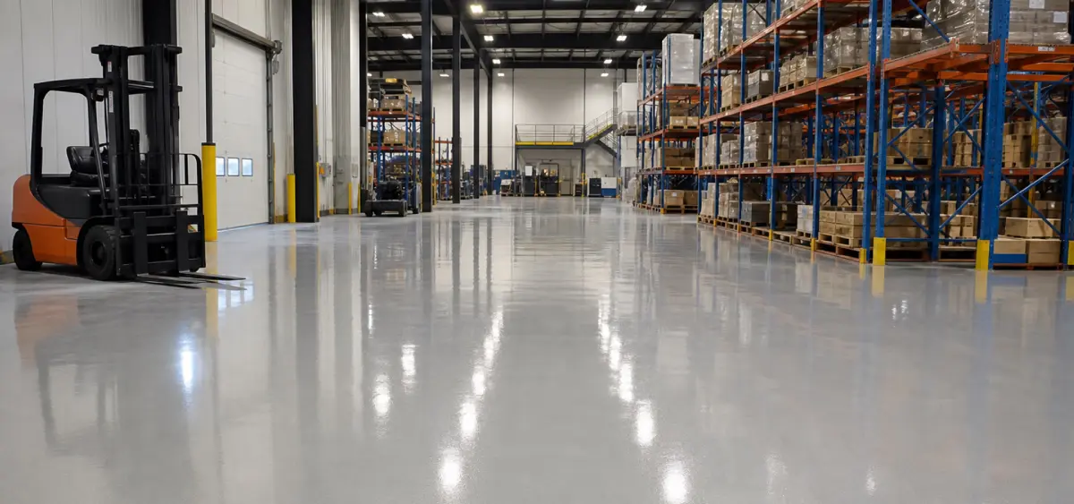 A clean, spacious warehouse with tall shelves holding boxes, a forklift parked on the left, and shiny polished floors under bright lighting.