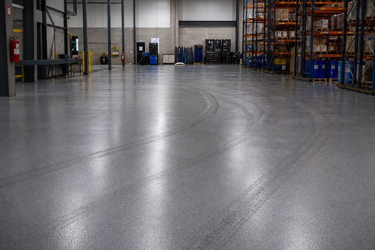 A large warehouse with shiny, polished concrete floors, visible tire marks, metal shelving with blue containers, and stacked black pallets against the walls.