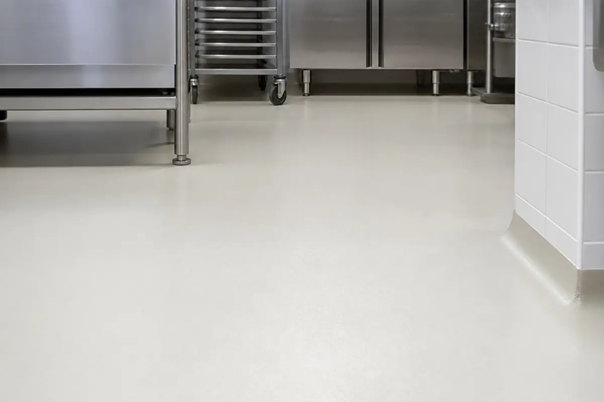 A clean, light-colored commercial kitchen floor with stainless steel appliances and storage racks, showing a sanitary and well-maintained environment.