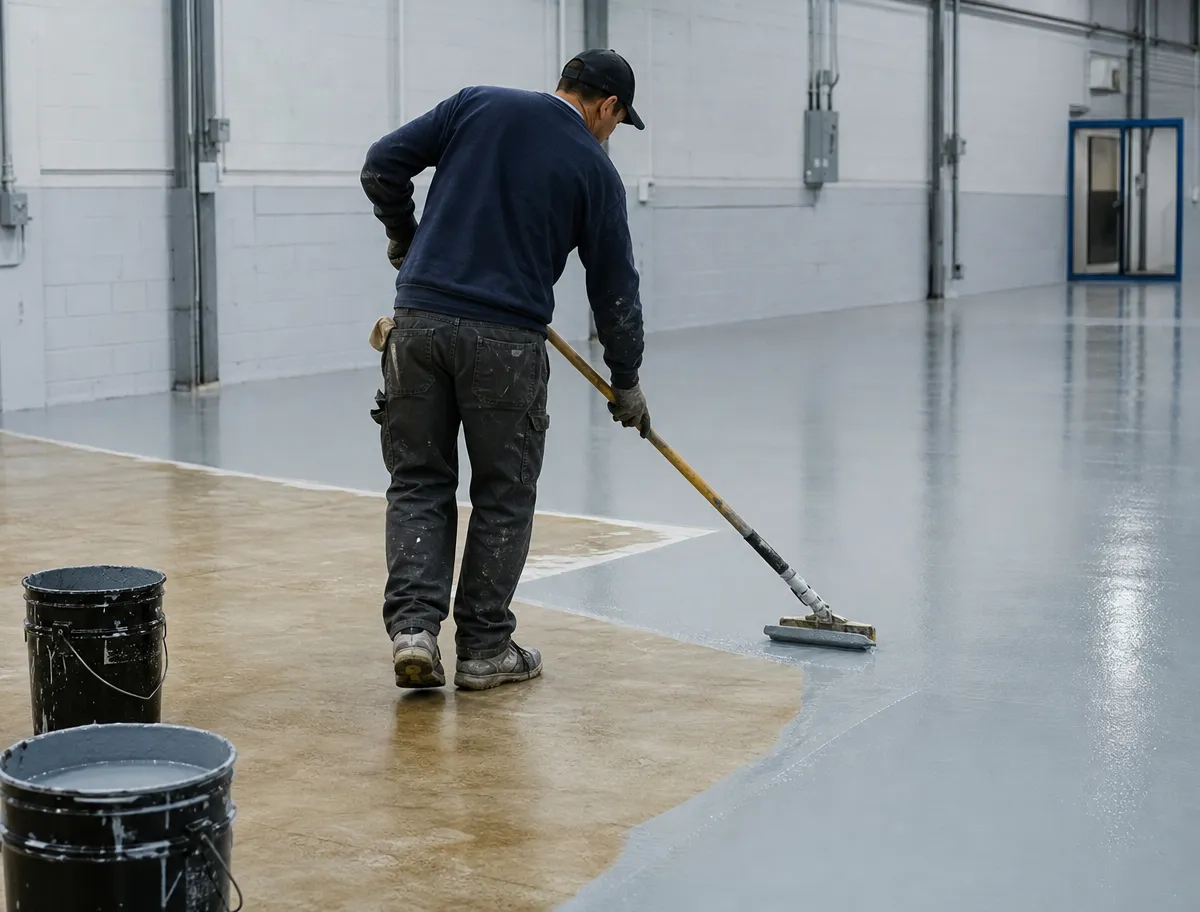 A person uses a long-handled roller to apply gray paint or sealant to the floor of a large, empty warehouse. Two black buckets are nearby. The person wears work clothes and a cap.