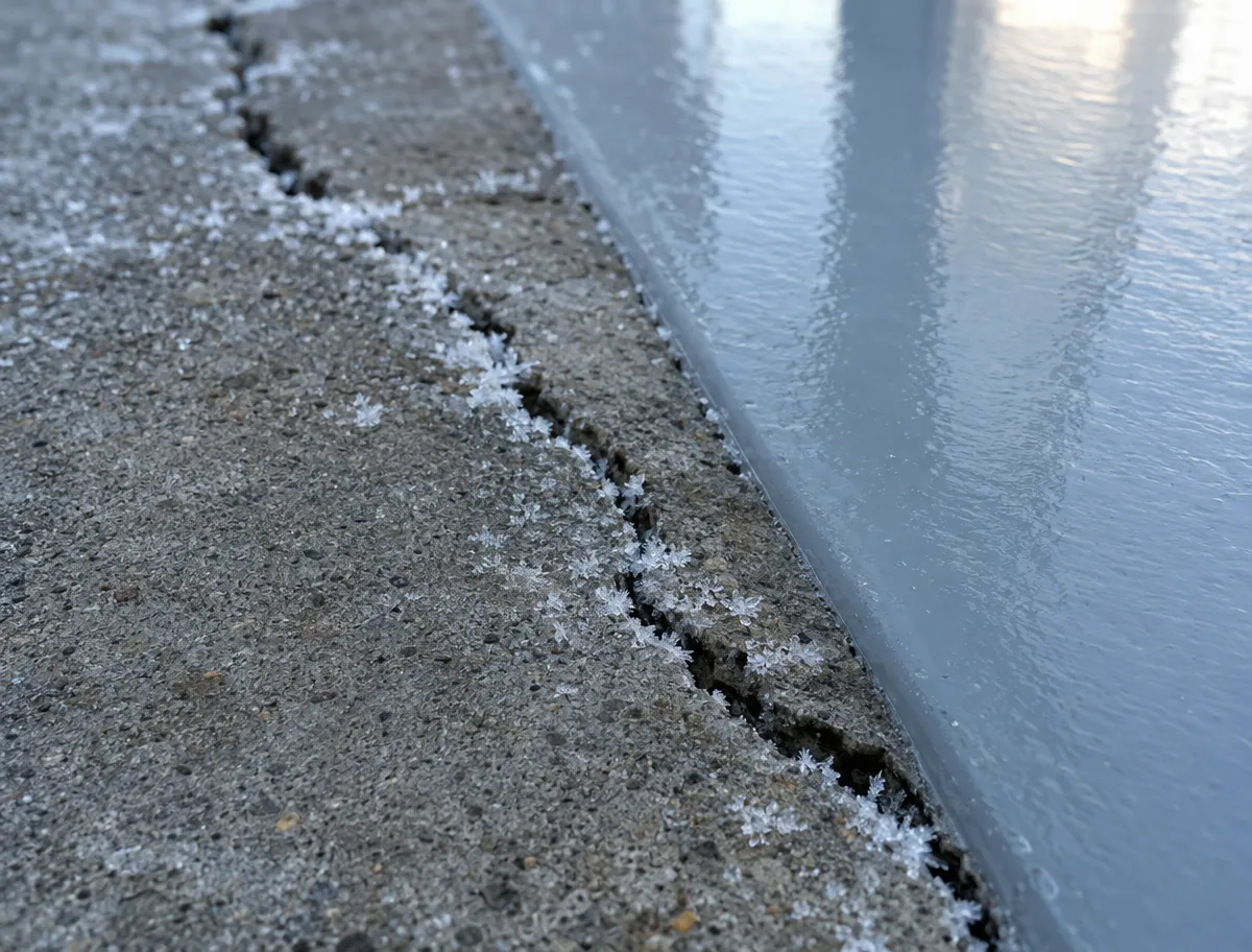 A close-up of a cracked concrete surface with ice crystals forming along the crack next to a smooth, glossy, frozen area reflecting light.
