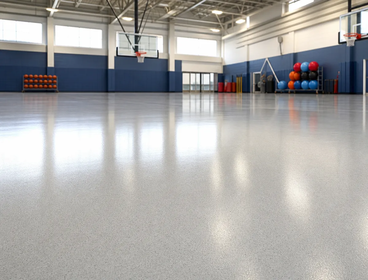 Empty gymnasium with shiny floor, basketball hoops, blue and white walls, stacked orange and blue exercise balls, and stored sports equipment along the side. Large windows let in natural light.
