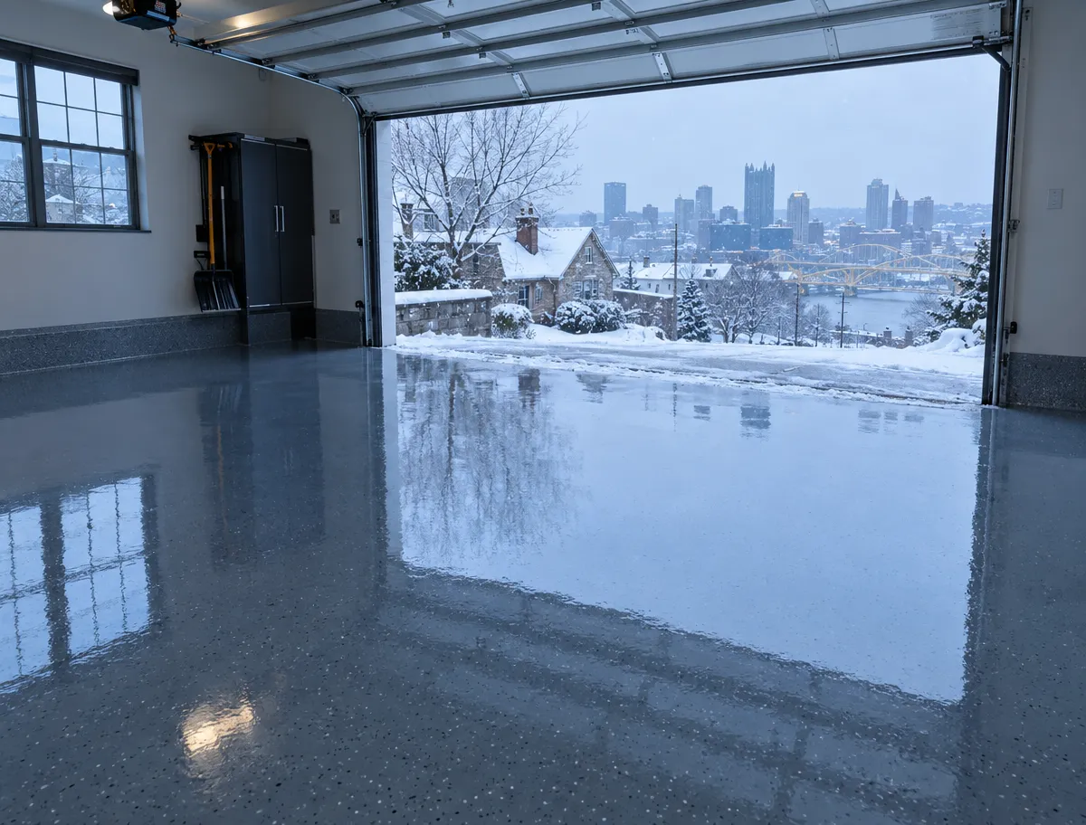 A clean, shiny, empty garage with an open door faces a snowy cityscape, showing buildings, snow-covered trees, and rooftops under an overcast sky.