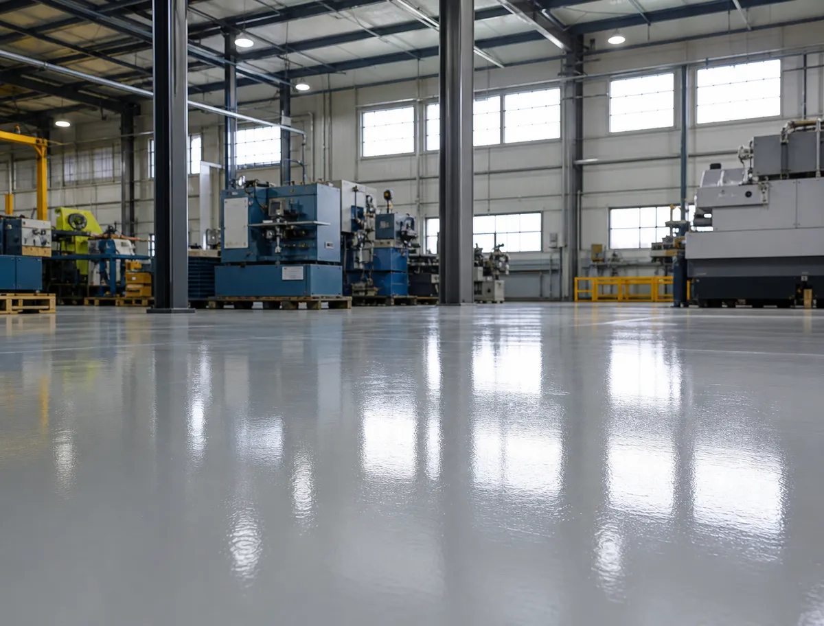 A clean, polished factory floor reflects industrial machines and tall windows inside a spacious, well-lit manufacturing facility.
