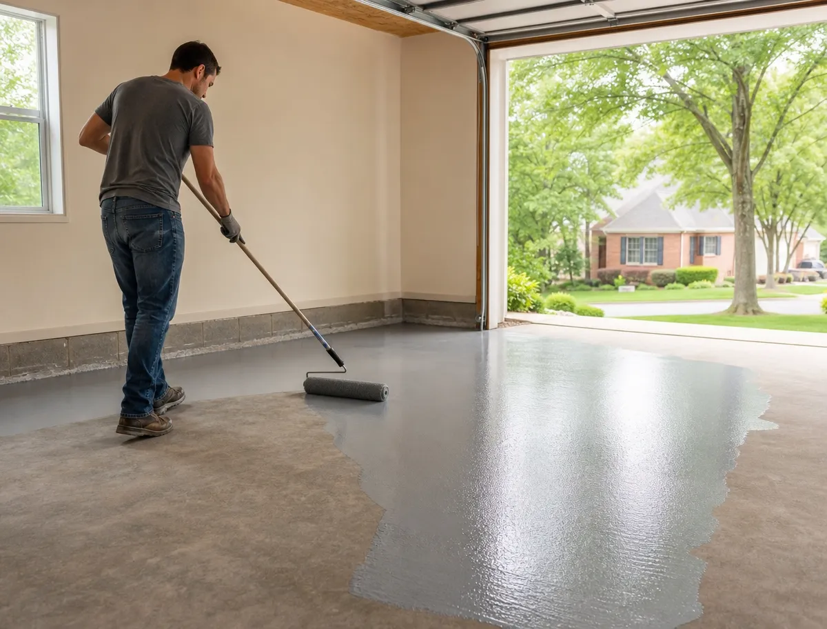 A person uses a paint roller to apply gray epoxy coating to a garage floor, with garage doors open to a suburban neighborhood and trees visible outside.