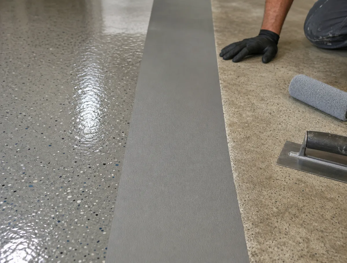 A person wearing a black glove kneels next to a strip of masking tape dividing a polished speckled floor and a plain concrete floor, with painting tools nearby.
