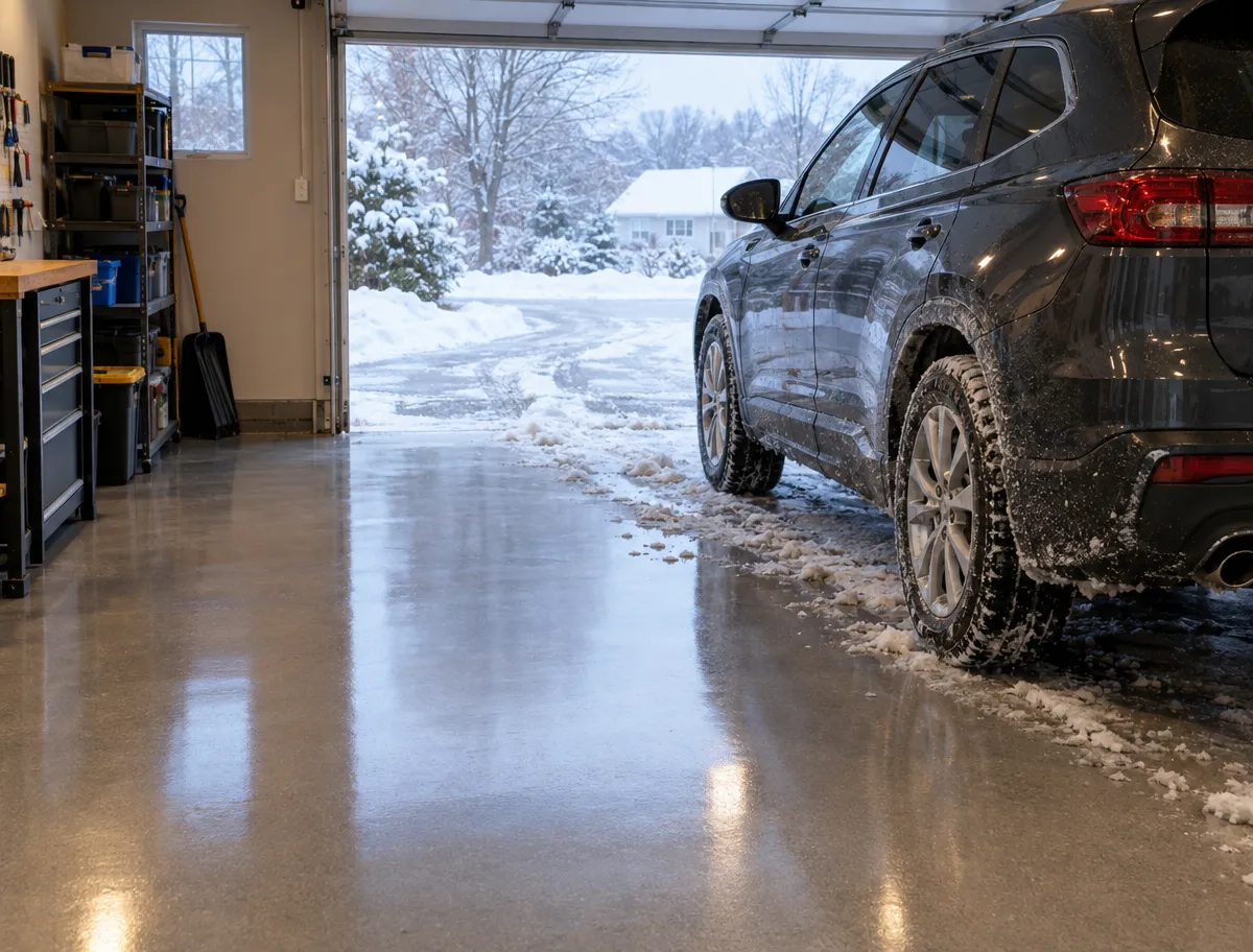 A car with snow-covered tires is parked in a clean garage with an open door. Outside, a snowy driveway leads to a suburban street lined with snow-covered trees and houses.