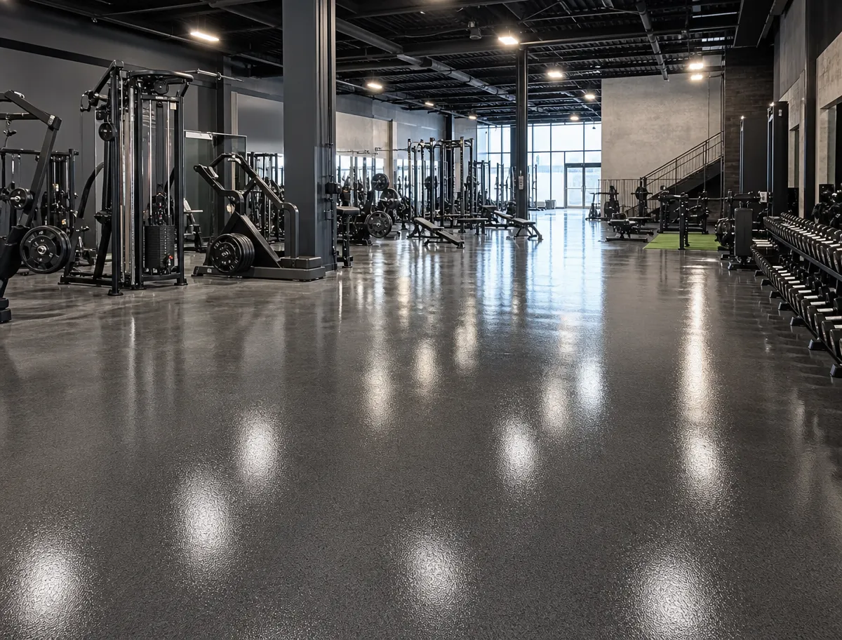 A spacious, modern gym with shiny floors, weight machines, free weights, and large windows letting in natural light. The gym is empty and organized.