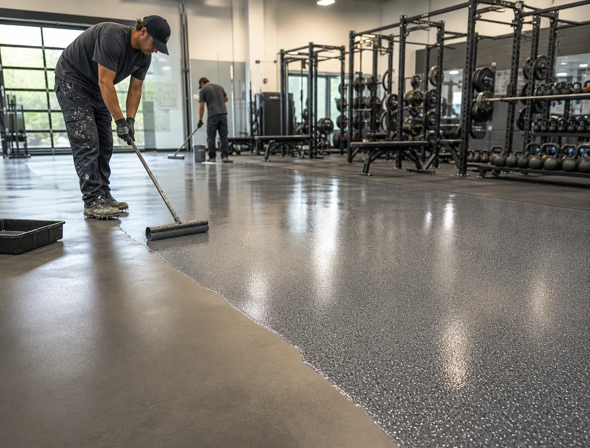 A person uses a roller to apply a coating to the floor of a gym, with exercise equipment and weight racks visible in the background.
